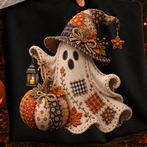 Patchwork Ghost PNG, Vintage Halloween Sublimation, Cozy Cottagecore Ghost with Pumpkin, Witch Hat, Fall Shirt Design PNG, Autumn Clipart