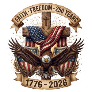 May include: A patriotic emblem featuring a wooden cross draped with the American flag. An eagle with outstretched wings is centered below, flanked by shields. The banner reads "Faith Freedom 250 Years" and "1776-2026".