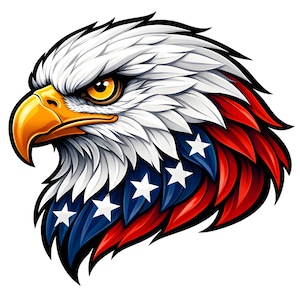 May include: A detailed illustration of an American bald eagle's head. The eagle features white feathers, a yellow beak, and a piercing yellow eye. The neck feathers are colored with red, white, and blue, incorporating stars.