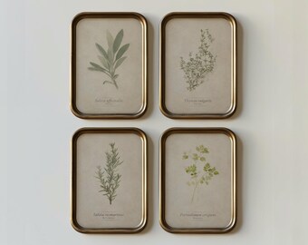 Peut inclure: Quatre cadres avec des illustrations botaniques d'herbes : sauge, thym, romarin et persil. Chaque impression est dans un cadre doré rectangulaire. Les impressions sont disposées en carré sur fond blanc.