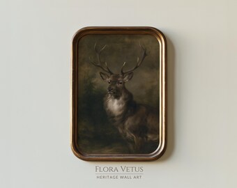 May include: A rectangular wall art piece featuring a portrait of a stag with large antlers, set against a dark, moody background. The artwork is enclosed in a simple, dark brown frame. Below the image, the text reads FLORA VETUS HERITAGE WALL ART.