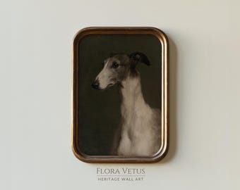 May include: A rectangular wall art piece featuring a portrait of a greyhound dog with a white and grey coat against a dark background, enclosed in a metallic bronze frame. Below the frame, the text reads FLORA VETUS HERITAGE WALL ART.