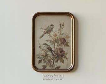 May include: A rectangular wall art piece in a dark bronze frame featuring a muted illustration of two small birds perched among blooming roses in shades of cream and deep mauve. The text FLORA VETUS HERITAGE WALL ART is printed below the frame.