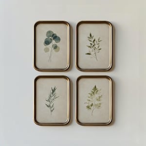 May include: Four framed botanical prints with gold-colored metal frames. Each print features a different watercolor illustration of leaves and foliage in shades of green and blue on a cream background. The frames are rectangular with rounded corners.