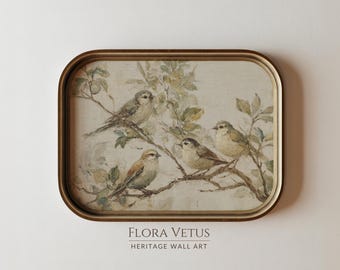 May include: A framed rectangular wall art print featuring a vintage-style illustration of several small birds perched on tree branches with leaves. The frame is gold-coloured, and the artwork has a neutral colour palette. The text "FLORA VETUS HERITAGE WALL ART" is printed at the bottom.