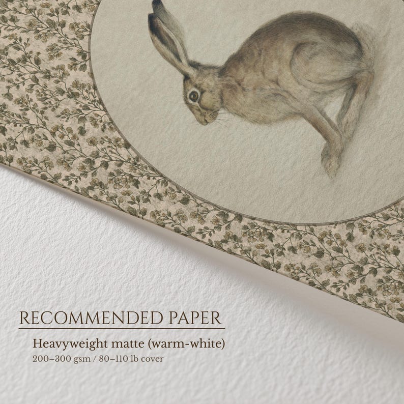 Close-up of the hare print with decorative botanical pattern and textured fine art paper detail.
