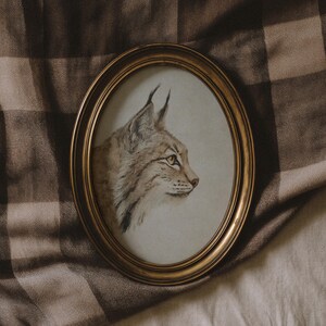 Oval framed bobcat portrait styled on rumpled linen, vintage vignette with soft natural light.