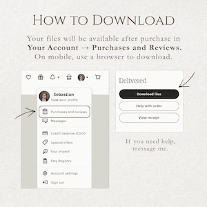 Instruction graphic titled “How to download” showing Etsy Purchases & Reviews download location, with note to use a browser on mobile.