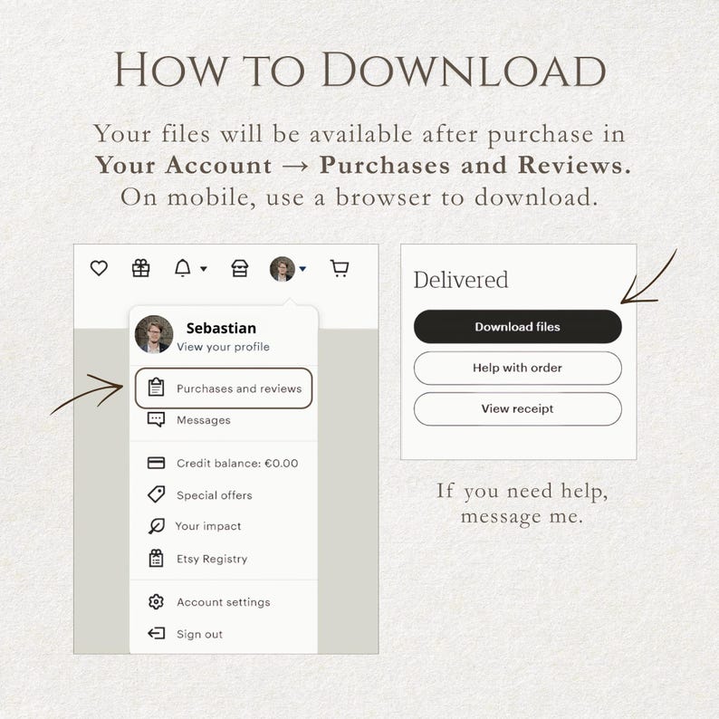 Instruction graphic titled “How to download” showing Etsy Purchases & Reviews download location, with note to use a browser on mobile.