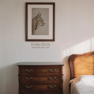 Bedroom mockup with the bobcat print hung above a wooden dresser, warm heritage styling.