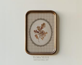 May include: A rectangular wall art piece in a dark brown frame featuring a beige and white gingham background. Centered is an oval decorative border containing a botanical illustration of brown oak leaves. The text FLORA VETUS HERITAGE WALL ART appears below.