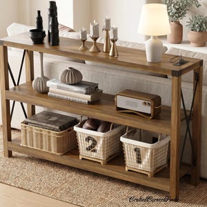 Rustic Oak Entryway Table with USB Ports & Outlets, 3-Tier Console Table with Storage Shelves, Wooden Sofa Table for Hallway and Foyer