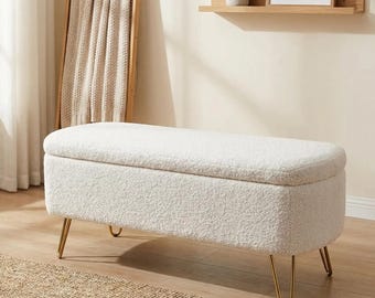 Modern Boucle Storage Ottoman Bench with Gold Legs, Ivory Upholstered Entryway & End of Bed Bench, Cozy Bedroom Seating with Hidden Storage
