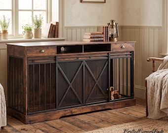 Double Dog Crate Furniture with Removable Divider, Sliding Barn Door, Wooden Storage Drawer, Heavy Duty Metal Mesh, Farmhouse Pet Furniture