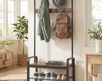 Rustic Hall Tree with Shoe Bench, Entryway Coat Rack with Hooks and Hanging Rod, 4-in-1 Storage Organizer, Brown and Black