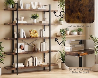 Rustic Industrial 5-Tier Bookshelf, Wooden Bookcase, Tall Heavy Duty Storage Shelf, Open Display Shelving for Living Room, Bedroom & Office