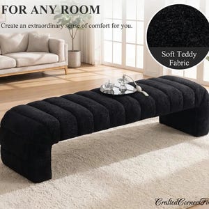 May include: A black, curved bench with a soft teddy fabric. The bench has a ribbed design and is placed on a light-colored rug. The text "FOR ANY ROOM" and "Create an extraordinary sense of comfort for you" is visible.
