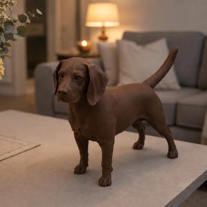 Könnte beinhalten: Eine braune Hundefigur, die in einer aufmerksamen Haltung steht, wobei der Schwanz nach oben gerichtet ist. Die Skulptur hat glatte, matt texturierte Oberflächen, Schlappohren und detaillierte Gesichtszüge eines Hundes.