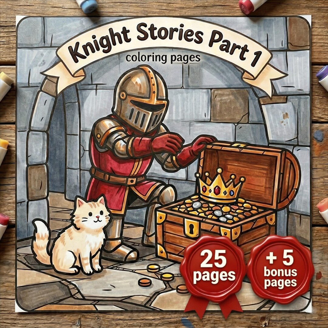 Knight Stories Coloring Book • Bold Easy Pages With Cats, Creatures ...