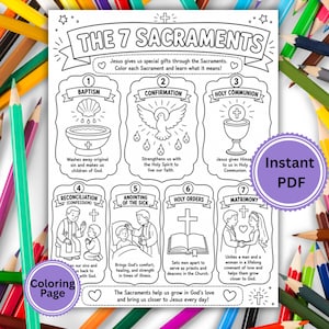 May include: A black and white printable colouring page titled THE 7 SACRAMENTS. It features seven numbered sections illustrating Baptism, Confirmation, Holy Communion, Reconciliation, Anointing of the Sick, Holy Orders, and Matrimony with text.