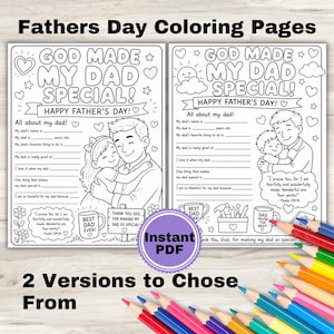 Puede incluir: Dos páginas para colorear del Día del Padre en blanco y negro con indicaciones para completar, con ilustraciones de un padre y un niño. Las páginas se titulan "¡Dios hizo a mi papá especial!" e incluyen el texto "¡Feliz Día del Padre!" Una pegatina morada de "PDF instantáneo" está en el centro.