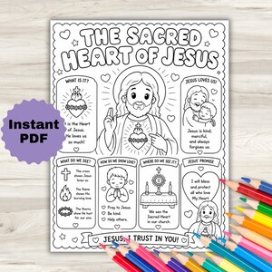 Könnte beinhalten: Eine schwarz-weiße Malvorlage mit dem Titel The Sacred Heart of Jesus, die Illustrationen von Jesus, einem Herzen, einem Kreuz und religiösen Texten zeigt. Die Seite enthält Abschnitte mit den Titeln What is it, Jesus loves us, What do we see und Jesus' Promise.