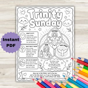Puede incluir: Una página para colorear en blanco y negro titulada Trinity Sunday con ilustraciones del Padre, el Hijo y el Espíritu Santo. La página incluye cuadros de texto que explican la Trinidad, corazones decorativos, nubes y estrellas, con lápices de colores.