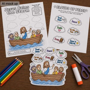 May include: A religious activity set featuring two printed sheets and one cut-out illustration of Jesus calming a storm in a boat with disciples. The set includes colored pencils, a glue stick, and purple scissors for a craft project.