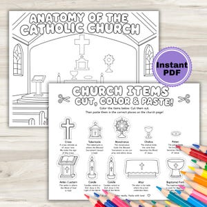 Op de afbeelding: Een zwart-wit printbaar activiteitenblad getiteld Anatomy of the Catholic Church en Church Items Cut, Color & Paste. Het bevat contouren van kerkelementen zoals een kruis, tabernakel, monstrans, kelk, pateen, ambo, kaarsen en een altaar.