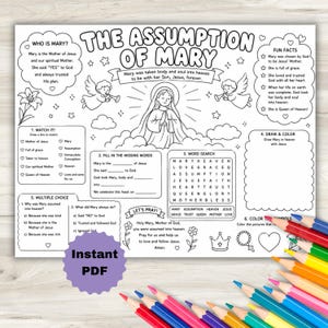 Może przedstawiać: Czarno-biały arkusz aktywności do druku zatytułowany The Assumption of Mary, zawierający ilustracje Marii i aniołów, tekst edukacyjny, wykreślankę, pytania wielokrotnego wyboru oraz sekcję do rysowania, w towarzystwie kredek.