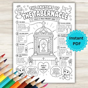 Może przedstawiać: Czarno-biała edukacyjna kolorowanka zatytułowana The Anatomy of The Tabernacle. Zawiera centralną ilustrację tabernakulum z ponumerowanymi sekcjami od jednego do ośmiu, w tym opisy tekstowe, anioła, gołębicę oraz postacie dzieci.