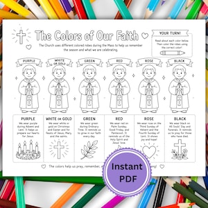 May include: A black and white printable coloring page titled The Colors of Our Faith, featuring six illustrations of figures in liturgical robes, descriptive text for each color, and a purple circular badge labeled Instant PDF.