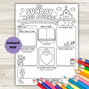 May include: A black and white printable Sunday Mass journal activity sheet featuring a church illustration, sections for date, gospel, favorite song, prayers, and drawings, with the text My Sunday Mass Journal and Thank You Jesus.