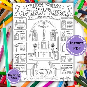 May include: A black and white educational coloring page titled Things Found Inside the Catholic Church, featuring line art illustrations of church elements like an altar, tabernacle, crucifix, and pews, with descriptive text for each item.