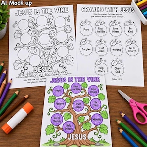 May include: Three white activity sheets with black line art for colouring. One sheet features a vine with blank circles and the text Jesus Is The Vine. Another sheet shows grape-shaped cutouts with text like Pray and Read the Bible.