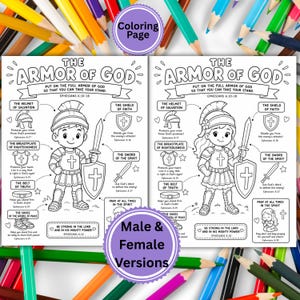 Puede incluir: Página para colorear en blanco y negro con la Armadura de Dios, con versiones masculina y femenina. La página incluye ilustraciones de un casco, una coraza, un cinturón, zapatos, un escudo y una espada, con versículos bíblicos relacionados.