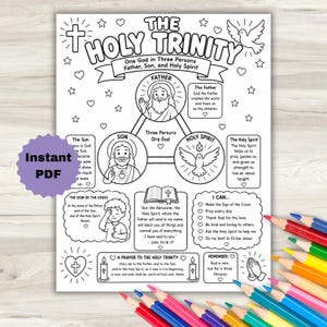 Puede incluir: Una página para colorear en blanco y negro titulada The Holy Trinity con ilustraciones del Padre, el Hijo y el Espíritu Santo, junto con texto, corazones, estrellas, una paloma y una cruz. Incluye contenido religioso educativo y oraciones.