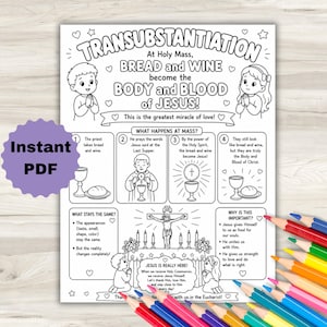 Puede incluir: Una página para colorear educativa en blanco y negro titulada Transubstantiation, con ilustraciones de niños, un cáliz, pan y un crucifijo. El texto explica la misa católica con pasos numerados, rodeado de corazones y estrellas.