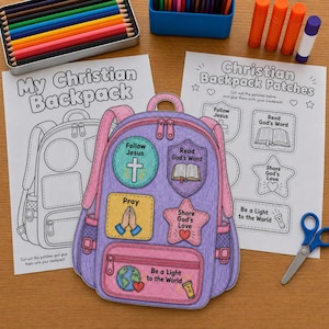 Christian Coloring Craft for Kids, Backpack and Patches, Christian Schooling, VBS, CCD, Sunday School, Instant Download 2 Page Activity