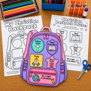 Op de afbeelding: Een paarse rugzak kleuractiviteit met uitknipbare patches met religieuze teksten en iconen zoals Follow Jesus, Read God's Word, Pray, Share God's Love en Be a Light to the World, vergezeld door kleurpotloden en een schaar.