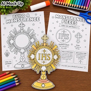May include: A paper craft activity set titled Build a Monstrance and Monstrance Pieces with black and white line art for colouring, cutting, and pasting. A finished, coloured-in paper monstrance with the letters IHS sits in the foreground.