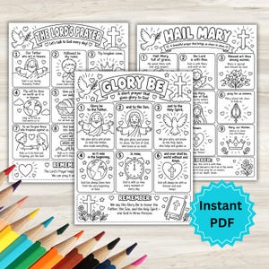 Peut inclure: Trois pages de coloriage imprimables en noir et blanc présentant des prières religieuses intitulées The Lord's Prayer, Hail Mary et Glory Be. Chaque feuille contient des sections numérotées avec des illustrations de colombes, de croix, de cœurs et de personnages, accompagnées de texte à colorier et à lire pour les enfants.