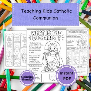 Może przedstawiać: Zestaw materiałów edukacyjnych do Komunii Świętej dla dzieci, do wydruku. Zawiera kolorowanki, zakładki i przewodnik po Eucharystii. Zawiera tekst "Teaching Kids Catholic Communion", "What is the Eucharist?" i "Instant PDF".