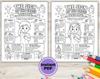 May include: Two black and white printable coloring sheets titled The Sign of the Cross, featuring illustrations of a child demonstrating the prayer steps, historical facts, and religious text. A purple circular Instant PDF badge is centered below.