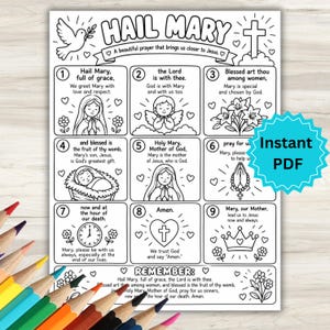 May include: A black and white printable colouring page titled HAIL MARY featuring nine numbered sections with religious illustrations and text, including a dove, a cross, a baby in a manger, and a crown, with a blue starburst label reading Instant PDF.