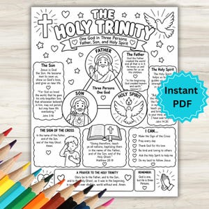 以下が含まれることがあります： 「The Holy Trinity」と題された白黒の印刷可能な塗り絵ページ。父、子、聖霊のイラストに加え、宗教的なテキスト、聖書の節、子供向けの活動チェックリストが記載されています。