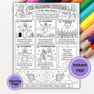 Puede incluir: Una página para colorear imprimible en blanco y negro titulada The Glorious Mysteries of the Holy Rosary. Presenta cinco escenas ilustradas que representan eventos religiosos, incluyendo la Resurrección, la Ascensión y la Coronación de María, con texto descriptivo.