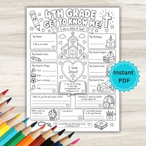 May include: A black and white printable worksheet titled 4th Grade Get To Know Me featuring religious illustrations including a church, a cross, and an open Bible with the text I love Jesus and scripture verses. The page includes fillable sections.