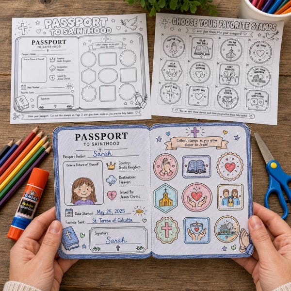 Katholische Malvorlage für Kinder, „Pass zur Heiligkeit“, Katholische Schule, Kinderbibelwoche, Religionsunterricht, Sonntagsschule, Katechismus, Sofort-PDF-Aktivität (2 Seiten)