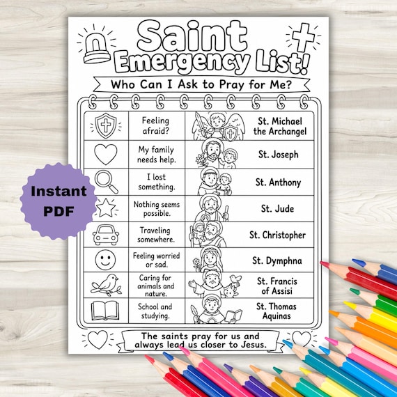 Saint Coloring Page, Saint Emergency List Catholic Coloring Page, Understanding Catholic Faith For Kids,  Catholic Schooling, (PDF Download)